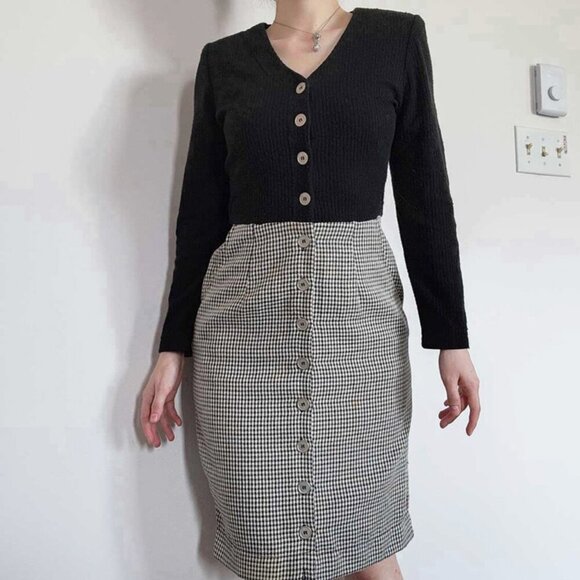 Vintage 90s officecore elegant black & grey houndstooth teacher secretary dress - Picture 3 of 14